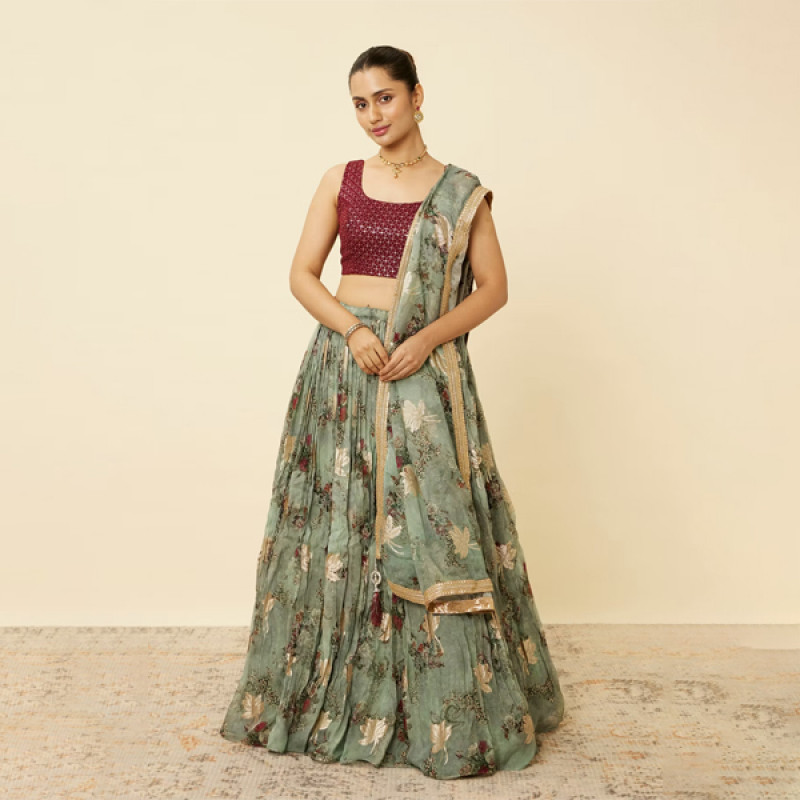 Sage Green Floral Printed Lehenga