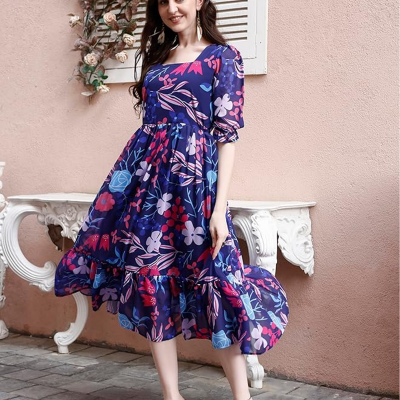 Women's Georgette Floral Printed Indo-Western Ethnic Gown || Half Sleeve V Neck Fit & Flare Flared Hem Design || A-Line Maxi Dress Casual Wear