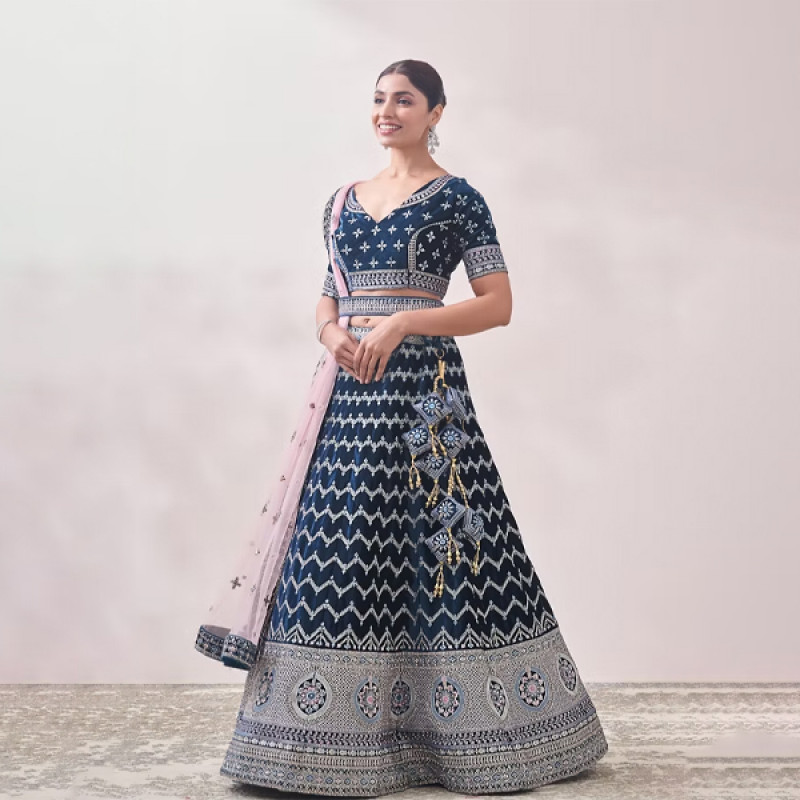 Teal Blue Embroidered Bridal Lehenga