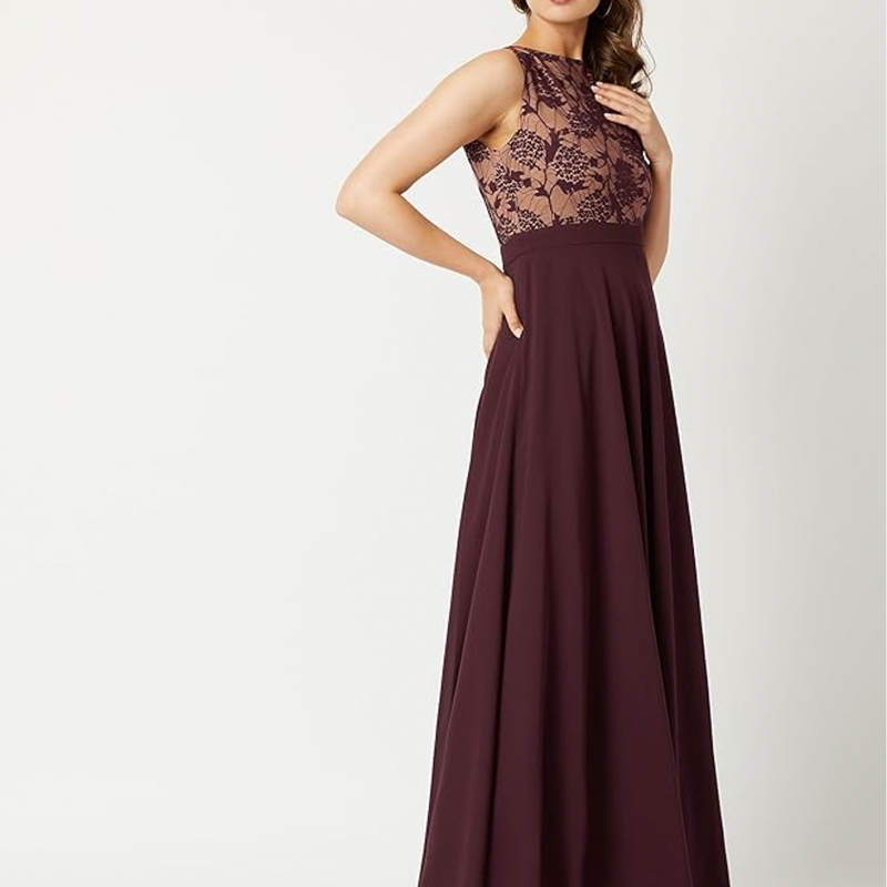 Women's Brick Red & Dusty Green Boat Neck Sleeveless Self Design Lace Overlaid Regular Dress